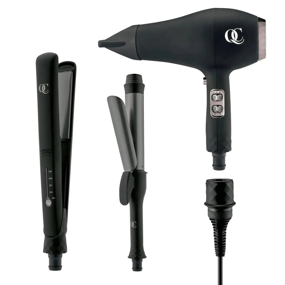 The QC Complete Styling Set: flat iron, curling iron and blow dryer sharing one cord