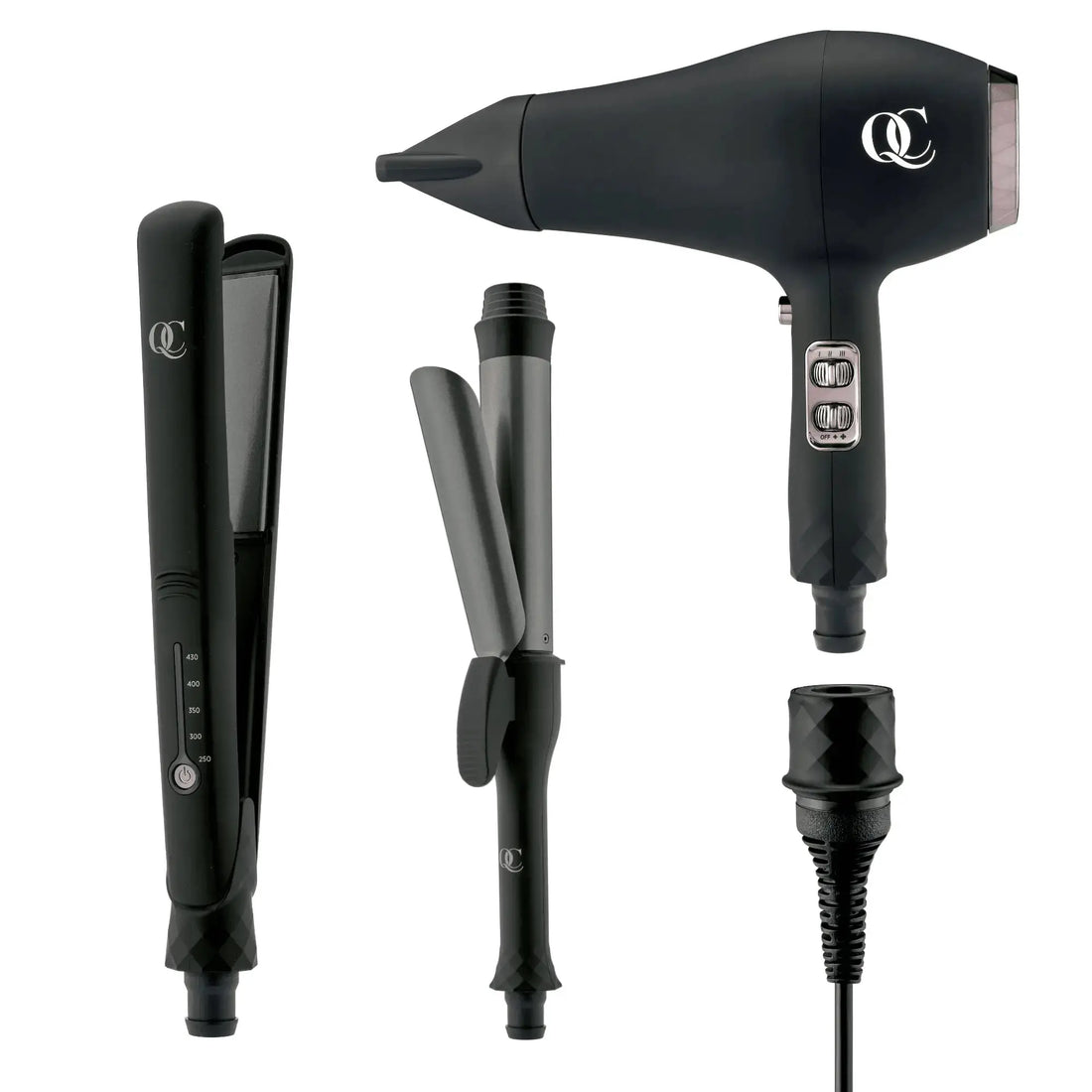 Quick Connect three in one hair dryer, flat iron and curling iron bundle on a counter