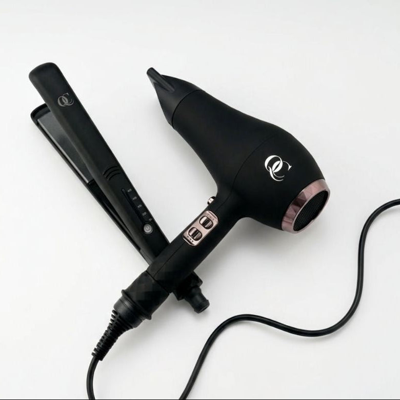 QC tools connected by one cord on a salon counter